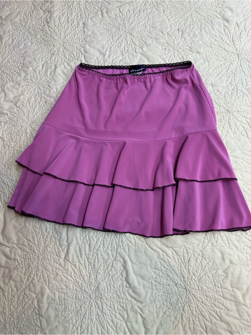 Lavender-Pink Tiered Skater Skirt with Brown Trim